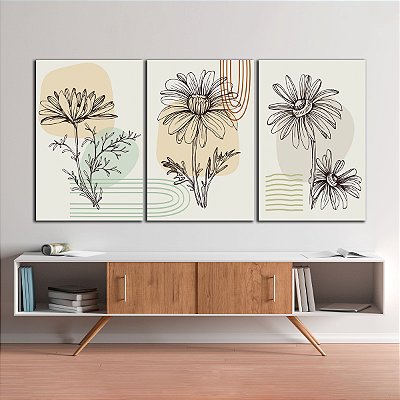 Quadros Decorativos Trio em Canvas Arte Abstrata Sombra de Flores Minimalistas