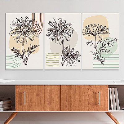 Quadros Decorativos Trio em Canvas Arte Abstrata Sombra de Flores Minimalistas
