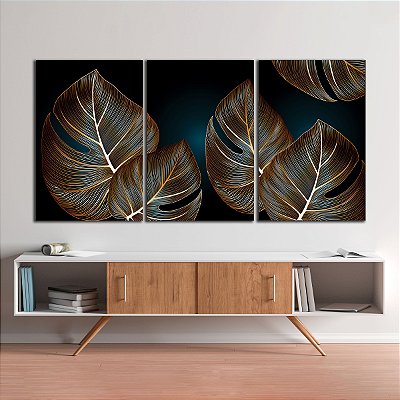 Quadros Decorativos Trio em Canvas Folhas Douradas Envelhecidas Fundo Preto