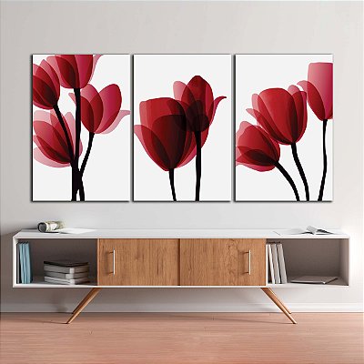 Quadros Decorativos Trio em Canvas Flores Tulipas Vermelhas Minimalistas