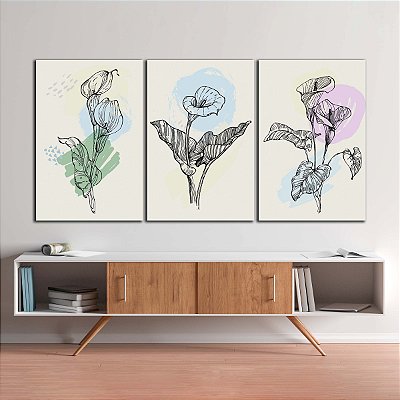 Quadros Decorativos Trio em Canvas Arte Abstrata De Flores Coloridas