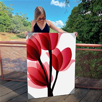 Quadro Decorativo Canvas Floral com Flores Tulipas Vermelhas Minimalistas III Vertical