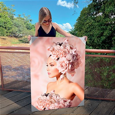 Quadro Decorativo Canvas Mulher Flores Rosa vertical