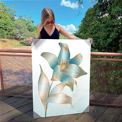 Quadro Decorativos Canvas Flores Verdes com Detalhes Dourados III Vertical