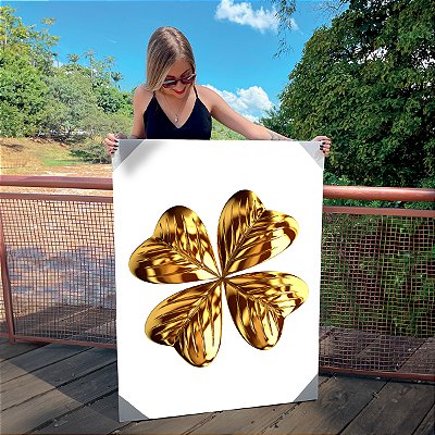 Quadro Decorativo Canvas Trevo de Quatro Folhas da Sorte Dourado Horizontal