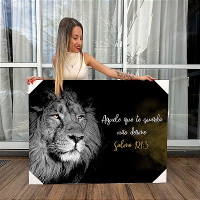 Quadro Decorativo Canvas Leão Aquele que te Guarda Não Dorme Salmo 121:3 Vertical