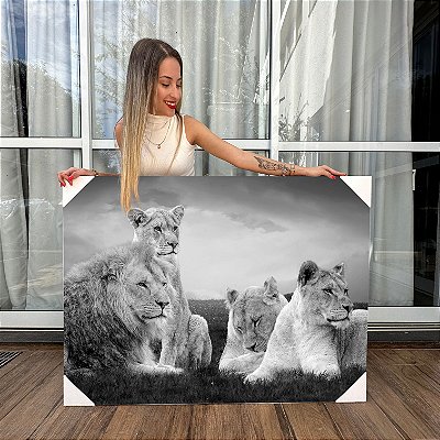 Quadro Decorativo Canvas Família Leão Adultos Preto e Branco Horizontal