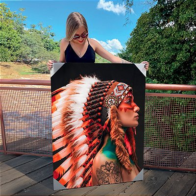 Quadro Decorativo Canvas Índia com Cocar Beleza Feminina Vertical