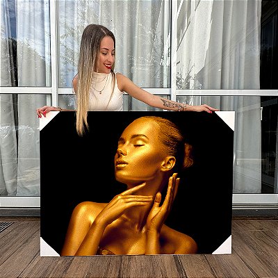 Quadro Decorativo Canvas Beleza Feminina Mulher com Maquiagem Dourada Horizontal
