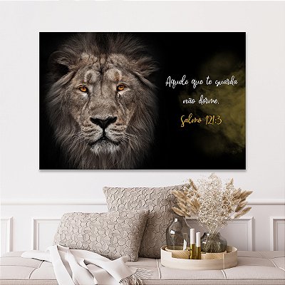 Quadro Decorativo Canvas Leão Frases Motivacionais Aquele que te Guarda Não Dorme Horizontal