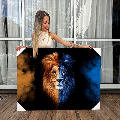 Quadro Decorativo Canvas Leão Colorido Meia Face Azul Horizontal