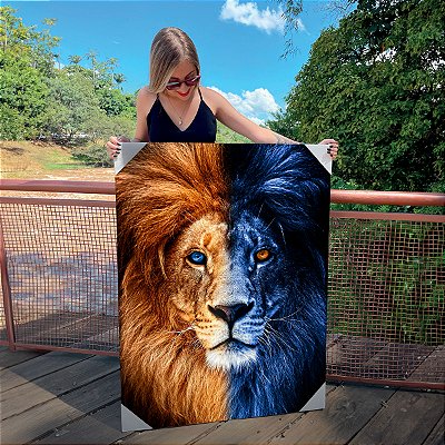Quadro Decorativo Canvas Leão Meia Face Azul Vertical