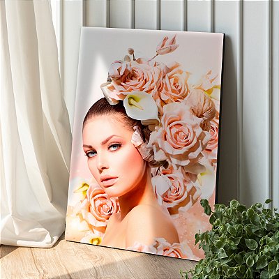 Quadro Decorativo Canvas Beleza Feminina Mulher com Rosas no Cabelo Vertical