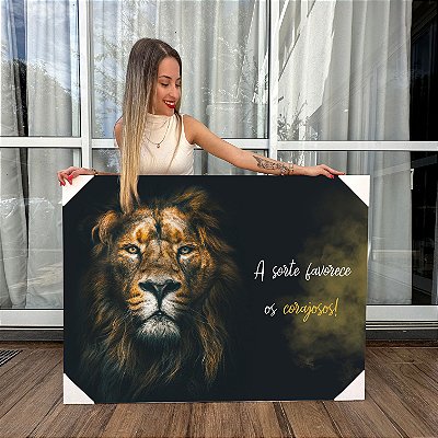 Quadro Decorativo Canvas Leão Colorido a Frase a Sorte Favorece os Corajosos Horizontal