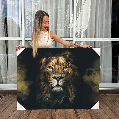 Quadro Decorativo Canvas Leão Colorido Com detalhes Dourados Horizontal