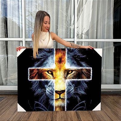 Quadro Decorativo Canvas Leão Tribo de Judá Cruz Horizontal