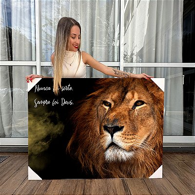 Quadro Decorativo Canvas Frase Leão Nunca foi sorte sempre foi Deus Horizontal