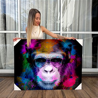 Quadro Decorativo Canvas Animal Abstrato Macaco Colorido Horizontal