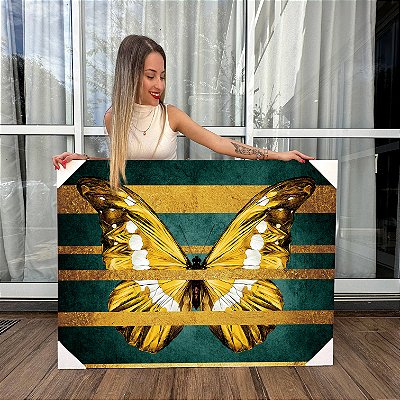 Quadro Decorativo Canvas Borboleta Dourada Abstrata Horizontal