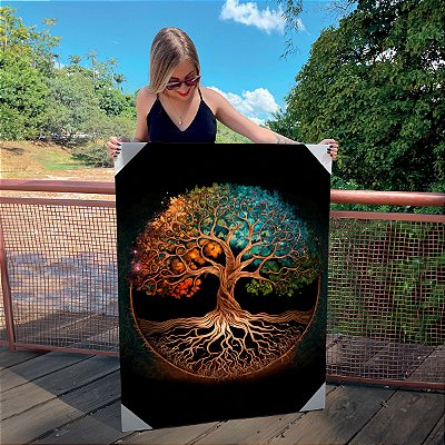 Quadro Decorativo Canvas Árvore da Vida Colorida Fundo Preto Vertical
