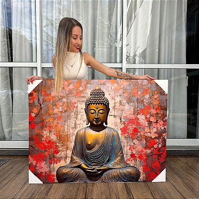 Quadro Decorativo Canvas Religioso Buda Sentado Meditando Fundo Vermelho Horizontal