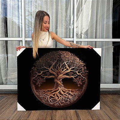 Quadro Decorativo Canvas Árvore da Vida Fundo Escuro Horizontal