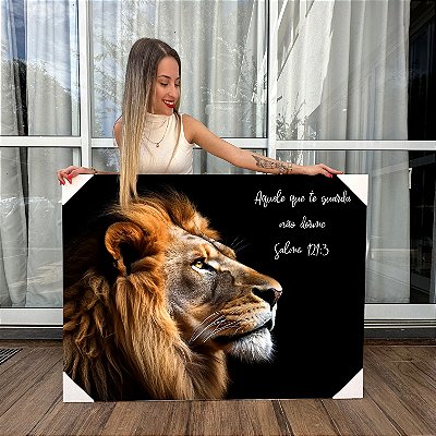 Quadro Decorativo Canvas Perfil Leão de Judá Frase Aquele que te Guarda não dorme Colorido Horizontal