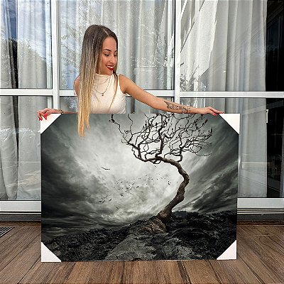 Quadro Decorativo Canvas Paisagem Abstrata Árvore Sinuosa Galhos Secos Preto e Branco Horizontal