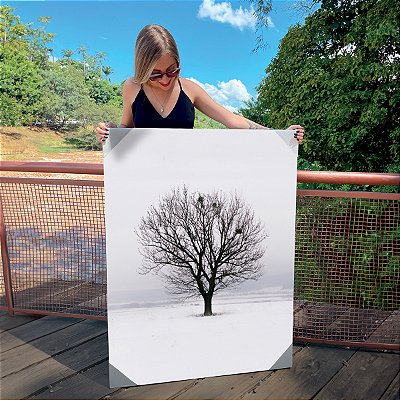 Quadro Decorativo Canvas Paisagem na Neve com Árvore de Galhos Secos Vertical
