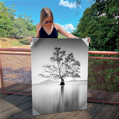 Quadro Decorativo Canvas Paisagem Árvore no Lago Preto e Branco Vertical