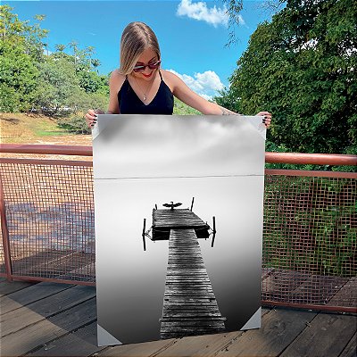 Quadro Decorativo Canvas Paisagem Ponte sobre Lago Preto e Branco Vertical