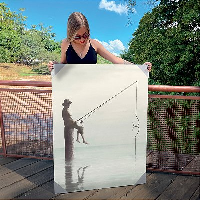 Quadro Decorativo Canvas Paisagem Homem Pescando Preto e Branco Vertical