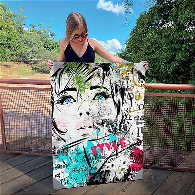 Quadro Decorativo Canvas Rosto Feminino Street Art Colorido Vertical