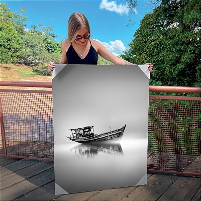 Quadro Decorativo Canvas Paisagem de Barco sobre o Lago Preto e Branco Vertical