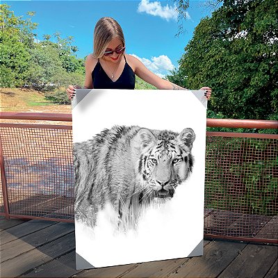 Quadro Decorativo Canvas Animal Tigre Feroz Preto e Branco Vertical