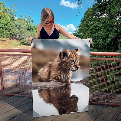 Quadro Decorativo Canvas Leão Filhote com reflexo em Espelho d'água Vertical