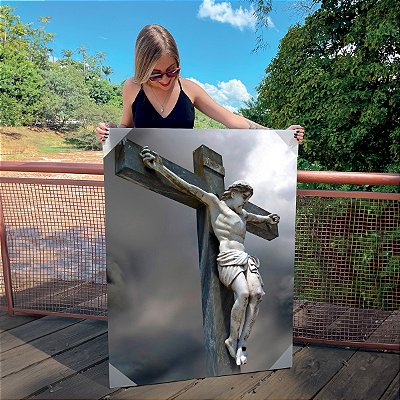 Quadro Decorativo Canvas Jesus Cristo na Cruz Preto e Branco Vertical