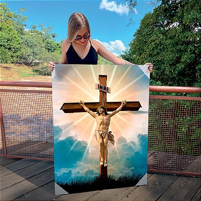 Quadro Decorativo Canvas Composição de Jesus Cristo na Cruz Colorido Vertical