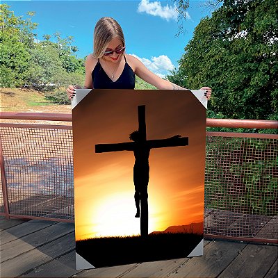 Quadro Decorativo Canvas Religioso Jesus Cristo na Cruz ao Pôr do Sol Vertical