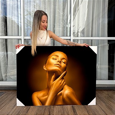 Quadro Decorativo Canvas Beleza Feminina Mulher Dourada Mão no Pescoço Horizontal