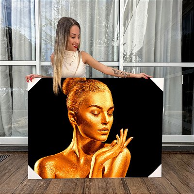 Quadro Decorativo Canvas Beleza Feminina Mulher Dourada em Perfil Esquerdo Horizontal