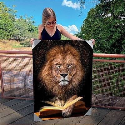 Quadro Decorativo Canvas Leão Tribo de Judá Lendo a Bíblia Vertical