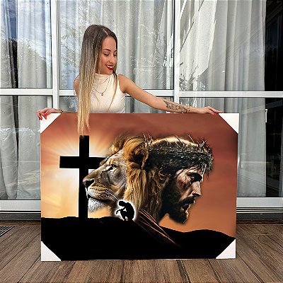 Quadro Decorativo Canvas Leão Tribo de Judá Cristo ao Pôr do Sol Horizontal