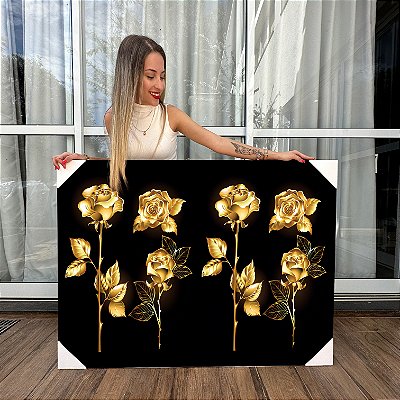 Quadros Decorativos Canvas Floral Composição de Rosas Gold Horizontal
