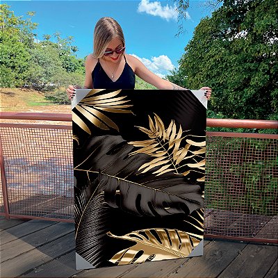 Quadro Decorativo Canvas Composição de Folhas Pretas e Douradas I Vertical