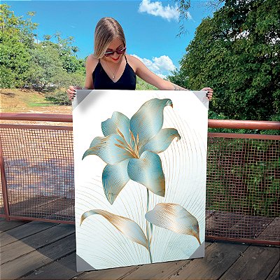 Quadro Decorativo Canvas Flor Verde com detalhes dourados I Vertical