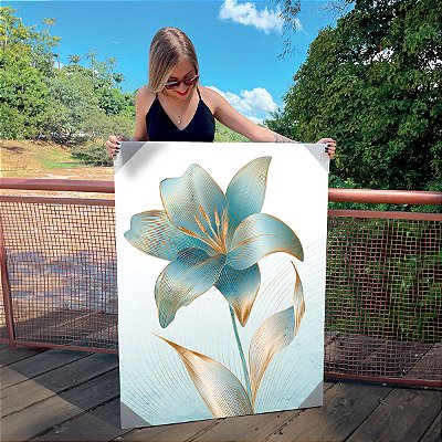 Quadro Decorativo Canvas Flor Verde com detalhes dourados II Vertical
