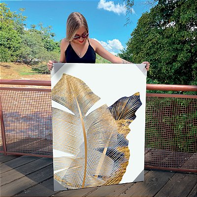 Quadro Decorativo Canvas Composição de Folhas Azuis com detalhes em Dourado Vertical