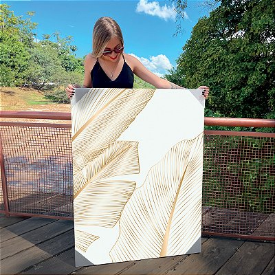 Quadro Decorativo Canvas Composição de Folhas Douradas com Fundo Branco Vertical