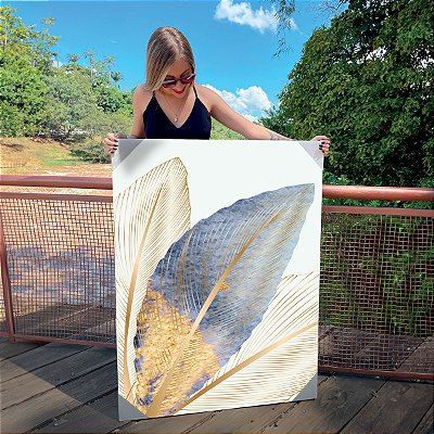 Quadro Decorativo Canvas Composição de Folhas Douradas e Azuis com Fundo Branco Vertical